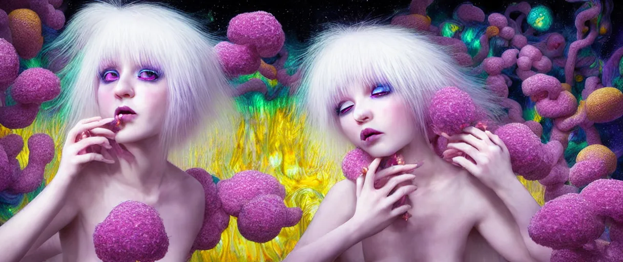 Image similar to hyper detailed 3d render like a Oil painting - kawaii portrait Aurora (white haired Singer Ferret) seen Eating of the Strangling network of yellowcake aerochrome and milky Fruit and Her delicate Hands hold of gossamer polyp blossoms bring iridescent fungal flowers whose spores black the foolish stars by Jacek Yerka, Mariusz Lewandowski, Houdini algorithmic generative render, Abstract brush strokes, Masterpiece, Edward Hopper and James Gilleard, Zdzislaw Beksinski, Mark Ryden, Wolfgang Lettl, hints of Yayoi Kasuma, octane render, 8k