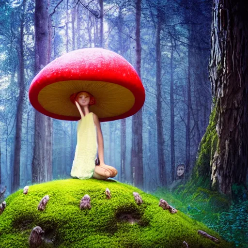 Image similar to portrait of a thin girl twiggy face in full height, elegant pose, a huge toadstool hat on her head, large eyes , the girl is standing on the edge of the forest, surrounded by colorful sparkling moss ,intense, dramatic lighting, intricate details, cinematic, high definition