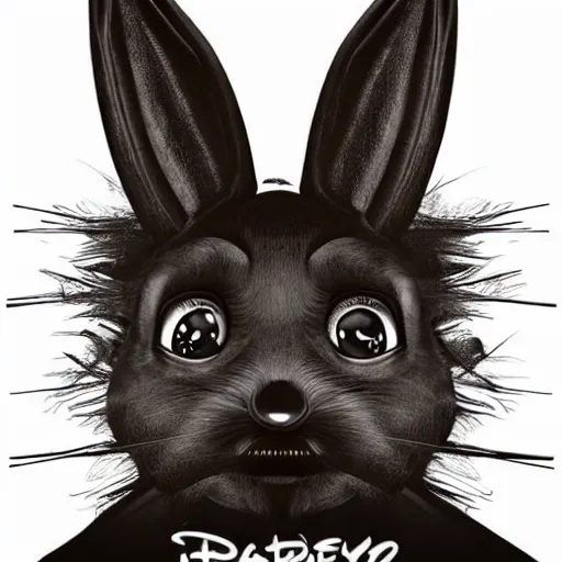 Image similar to A extremely highly detailed majestic hi-res beautiful, highly detailed head and shoulders portrait of a scary terrifying, horrifying, creepy black cartoon rabbit with scary big eyes, earing a shirt laughing, hey buddy, let's be friends, in the style of Walt Disney