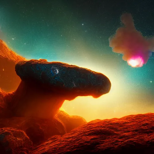 Prompt: Digital art of a meteorite containing an insect hive burning up in the atmosphere, Mike Winkelmann, Jessica Rossier 4k prehistoric geology space hubble start nebula