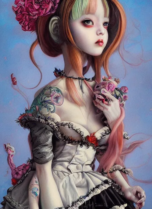 Image similar to pop surrealism, lowbrow art, realistic cute alice girl painting, japanese street fashion, hyper realism, muted colours, rococo, lori earley style,