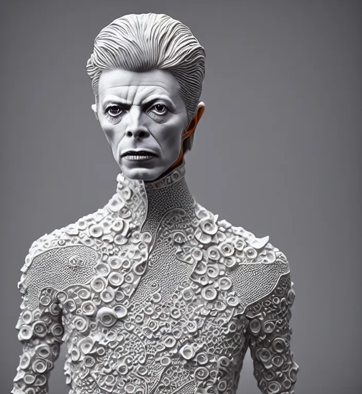 Image similar to David Bowie , A Close up photo-real delicate ceramic porcelain sculpture of a symmetrical ornate detailed in front of an intricate background by Victo Ngai and takato yamamoto, micro detail, backlit lighting, face in focus, subsurface scattering, translucent, thin porcelain, octane renderer, colorful, physically based rendering, japanese pottery, trending on cgsociety