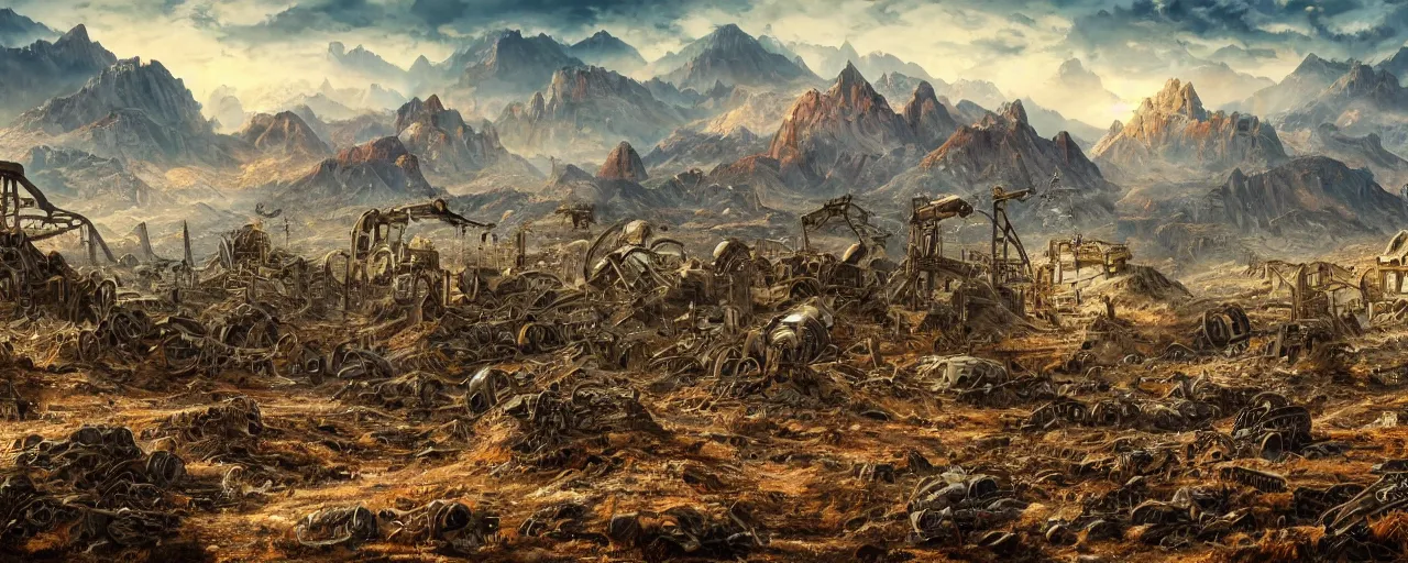 Image similar to apocalypse landscape, ruins and mountain in the background, broken rusty robots scattered on the ground, masterpiece 4k, intricate details, realistic, panoramic view, Hyperdetailed, 8k resolution, intricate art nouveau