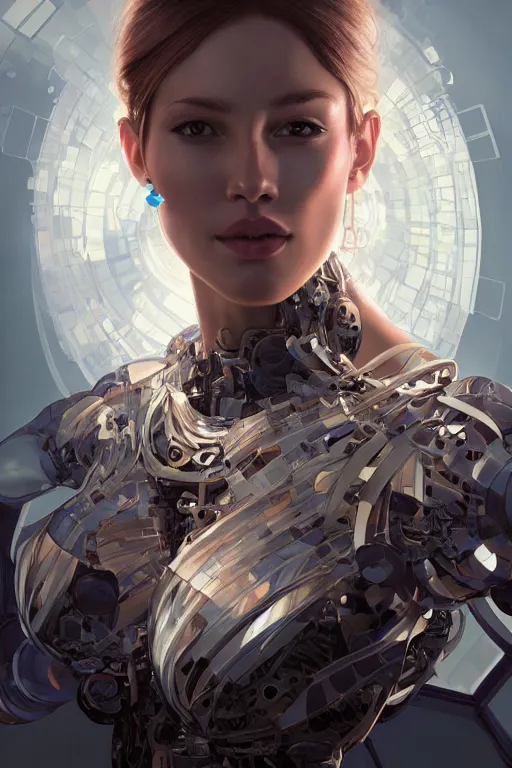 Prompt: artificial intelligence woman face being built piece by piece, almost done, fibonacci, intricate, highly detailed, digital painting, artstation, concept art, smooth, sharp focus, illustration, unreal engine 5, 8 k, art by artgerm and greg rutkowski and alphonse mucha