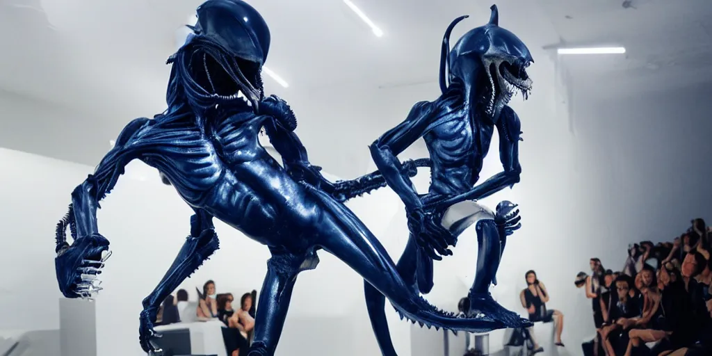 Image similar to blue human with rick owens iron spikes xenomorph figure with an emoji head in 3d is jumping in a runway fashion show, realistic photography paparazzi by Nick Knight and Luis Royo