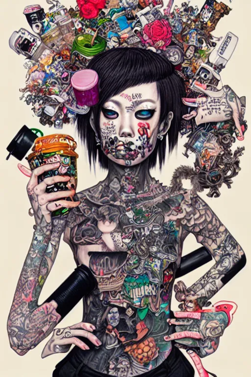 Image similar to full view, from a distance, of anthropomorphic trashcan punk with tattoos, full of trash, style of yoshii chie and hikari shimoda and martine johanna, highly detailed