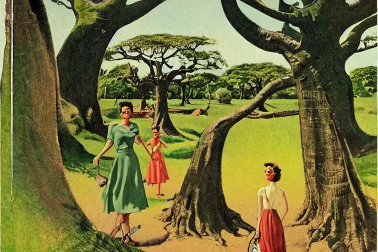 Prompt: 5 0 s pulp scifi illustration, elegant alien female strolls on lawn in beautiful extraterrestrial gardens, baobab tree, by norman rockwell, tom lowell, david curtis, frank schoonover