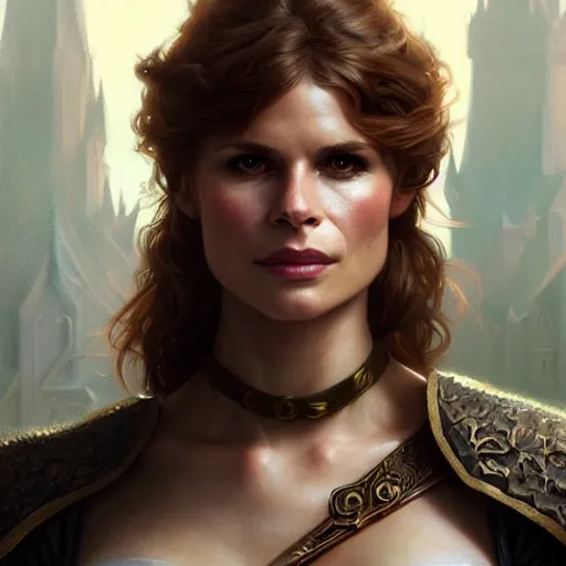 Image similar to Katja Herbers as a fantasy rogue, closeup character portrait, D&D, fantasy, intricate, elegant, highly detailed, digital painting, artstation, concept art, matte, sharp focus, illustration, art by Artgerm and Greg Rutkowski and Alphonse Mucha