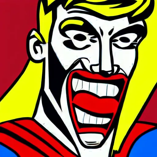 Prompt: pop art cartoon style, handsome, superhero, male with sharp chin, big smile, cartoon network, portrait