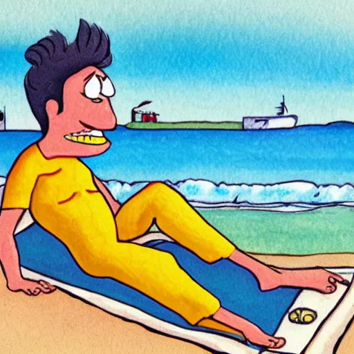 Image similar to lemonman cartoon character is relaxing on a beach, inspired by dalle 2 generations.