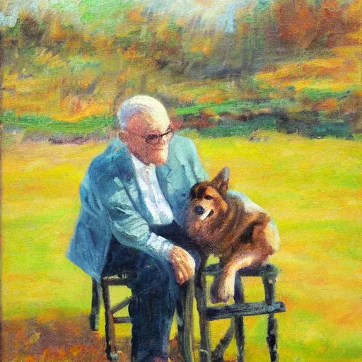 Prompt: an old man with a dog, impressionist, oil on canvas