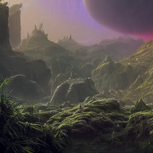 Prompt: a beautiful matte painting of an alien landscape of lush and mystical flora, remnants of a crashed spaceship, alien creatures emerging, sunrise, by Giger and Ralph McQuarrie and Bruce Pennington, cinematic lighting, ambient light, hyperrealism, hires, octane render, 8k, iridescent accents, vray