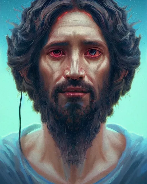 Prompt: portrait of jesus with neon cute giant eyes, intricate abstract. intricate artwork, by tooth wu, wlop, beeple, dan mumford. concept art, octane render, trending on artstation, greg rutkowski very coherent symmetrical artwork. cinematic, key art, hyper realism, high detail, octane render, 8 k, iridescent accents