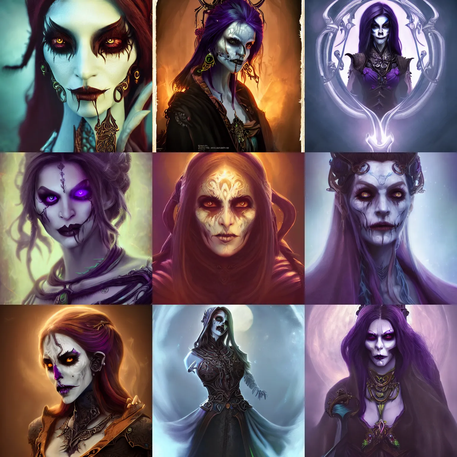 Prompt: portrait of a female undead warlock, warcraft, humanoid character, beautiful, focused, elegant, art nouveau, dnd, sinuous, fantasy, mystical, magical aesthetics, illustration, photorealistic, soft lighting, unreal engine, matte painting, 4 k,