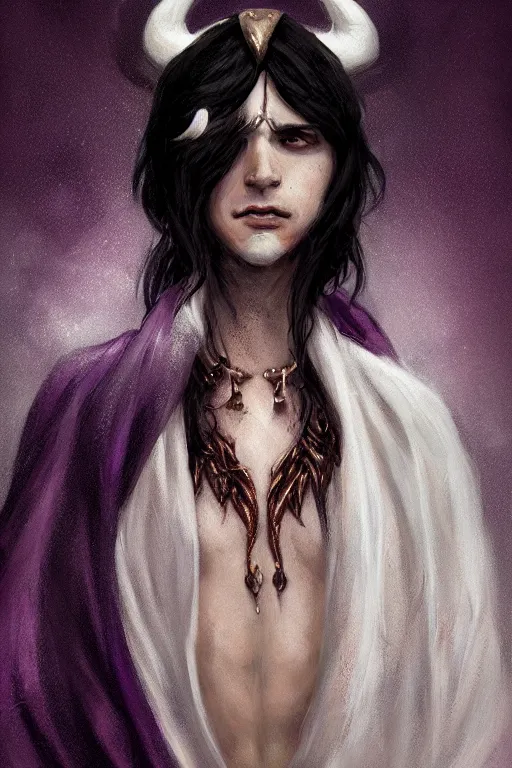 Image similar to white horns djinn man , black hair , portrait, concept art, purple and white thich cloak, illustration, costume design, editorial photo, fashion, hyperrealism, realism, trending on artstation, Charlie Bowater, WLOP