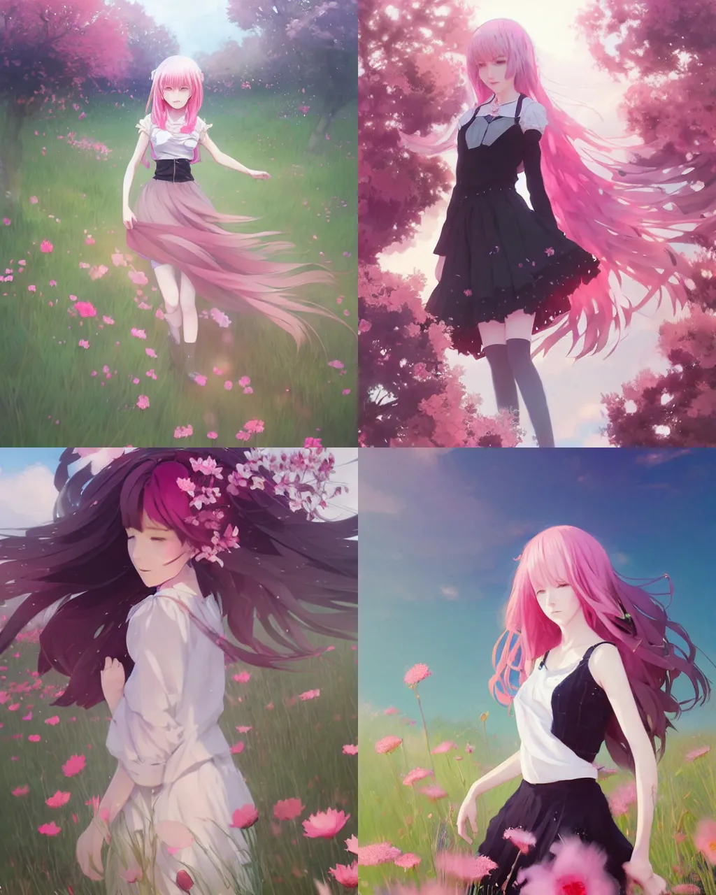 Prompt: a girl with pink hair and black skirt on a field full of flowers, a beautiful half body illustration, top lighting, perfect shadow, soft painting, reduce saturation, leaning towards watercolor, art by hidari and krenz cushart and wenjun lin