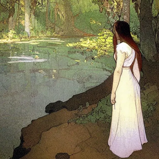 Prompt: a beautiful painting of the back view of a young lady in white dress washing her long hair by the river in a grown forest, sunlight reflected on the river, by Mucha and Moebius