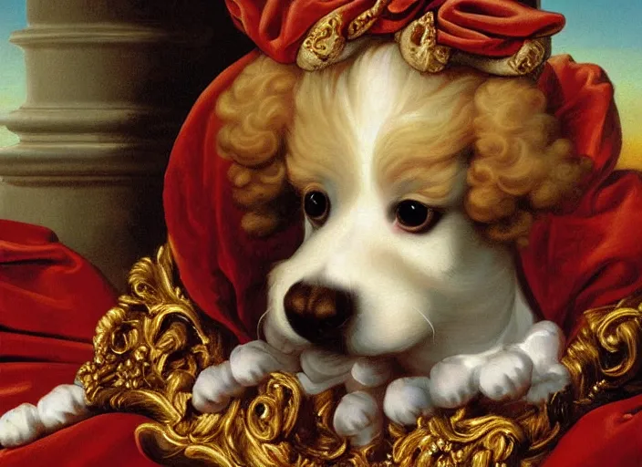Prompt: baroque rococo painting The Royal Poodle portrait Greg Hildebrandt high detail cute puppy