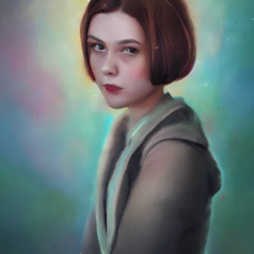 Image similar to a portrait photo of a young woman with short brown hair, a dress, and green eyes, floating in space, trending on artstation