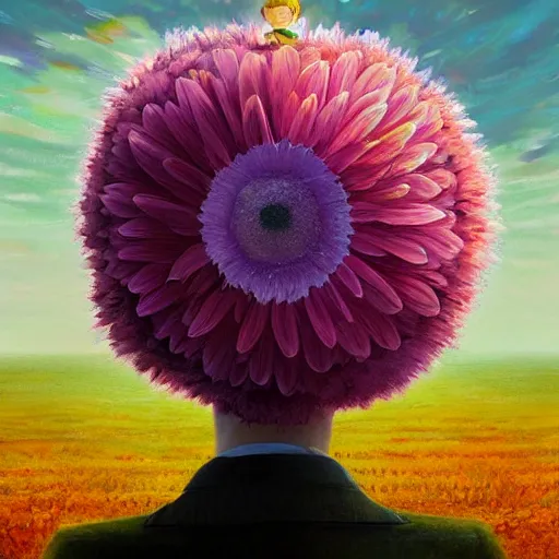 Prompt: giant daisy flower over head, frontal, girl in a suit, surreal photography, sunrise, dramatic light, impressionist painting, digital painting, artstation, simon stalenhag