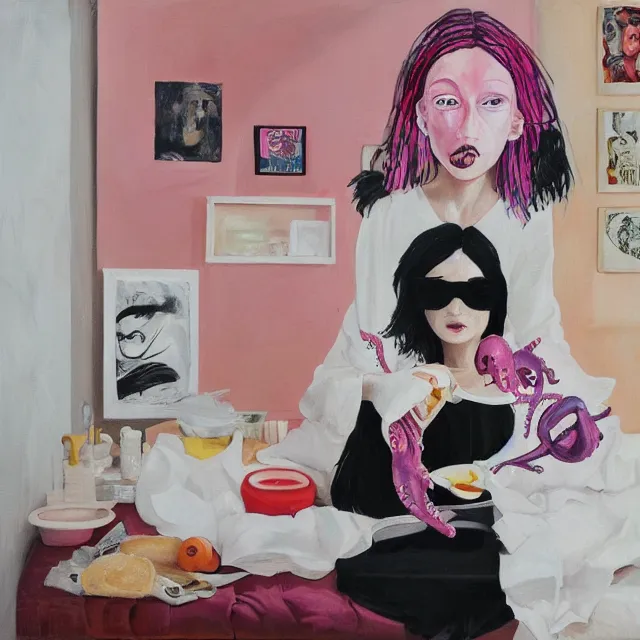 Prompt: a portrait in a female artist's bedroom, black walls, girl eating pancakes, emo t - shirt, sheet music, berries, surgical supplies, handmade pottery, flowers, sensual, octopus, neo - expressionism, surrealism, acrylic and spray paint and oilstick on canvas