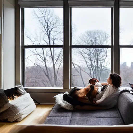 Prompt: overlooking central park in a blizzard from a modern loft, woman gazing outward at night with a beagle sleeping next to her, warm interiors, cold snow outside, large glass windows, fire place roaring, bear rug, art on walls