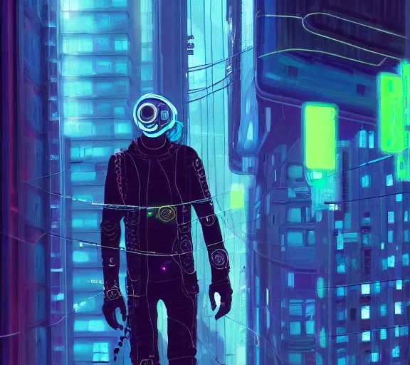 Image similar to a painting of a cyberpunk netrunner, street level