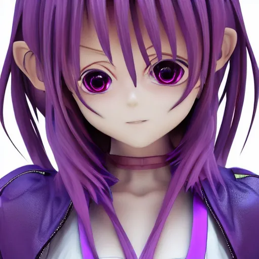 Image similar to portrait of a anime and chibi very cute girl with purple jacket design by antonio mello, xkung work, kawaii, genshin, cyberpunk fashion, character modeling, toy design, substance 3 d painter, blender, mental ray, zbrush, soft vinyl, bio luminescent, maximalist sculpted design portrait, studio photo, 7 0 mm lens, trending in artstation