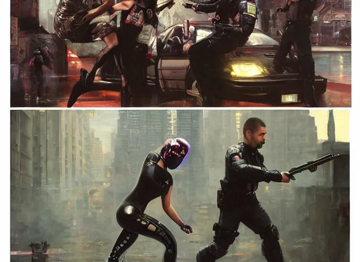 Prompt: Sophia evades sgt Griggs. Cyberpunk karate lady escaping Menacing Cyberpunk police trooper griggs. (dystopian, police state, Cyberpunk 2077, bladerunner 2049). Iranian orientalist portrait by john william waterhouse and Edwin Longsden Long and Theodore Ralli and Nasreddine Dinet, oil on canvas. Cinematic, vivid colors, hyper realism, realistic proportions, dramatic lighting, high detail 4k