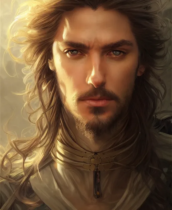 Image similar to portrait close up of guy, concentrated look, symmetry, long hair. d & d, fantasy, intricate, elegant, highly detailed, digital painting, artstation, concept art, art by artgerm and greg rutkowski and alphonse mucha, boris vallejo