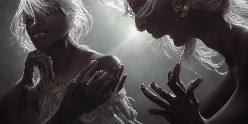 Prompt: drow black skin, many hands, gnarled fingers, intense black eyes, intense white hair, intense lighting, light beams, lens flare, intricate, elegant, highly detailed, digital painting, artstation, concept art, smooth, sharp focus, illustration, art by artgerm and greg rutkowski and alphonse mucha