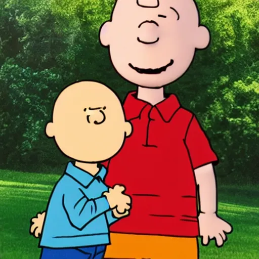 Prompt: Charlie Brown and Caillou hanging out having a good time