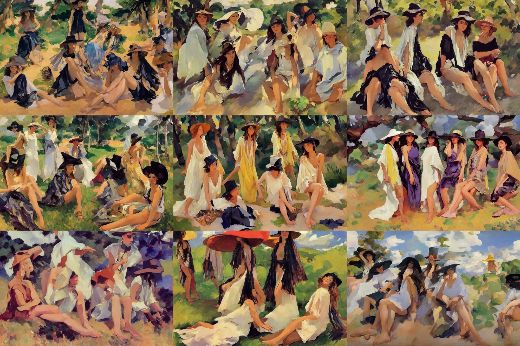 Prompt: portrait of group of fashionable young womans wearing rich jewerly hat and boho ponchoand bikini, sitting dynamic pose, Low poly, thunder clouds in the sky, dark forest, artwork by Joaquin Sorolla and nikolay feshin, simple form, brutal shapes