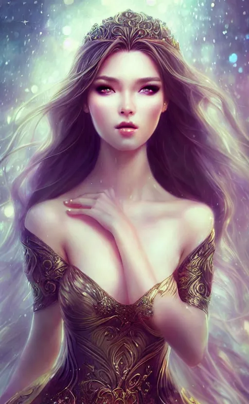 Image similar to a fantasy photo of gorgeous russian female, evening gown, bokeh, medium shot, beautiful face, professionally retouched, soft lighting, realistic, smooth face, perfect eyes, sharp focus, 8 k realistic high definition, insanely detailed, intricate, elegant, art by artgerm and kyoung hwan kim