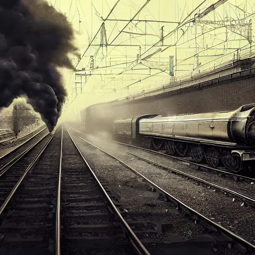 Image similar to a hyperdetailed photograph of the flying scotsman on the rails producing lots of black smoke in an old timey city, night, dense fog, rain, hd, 8 k resolution by greg rutowski, stanley artgerm, alphonse mucha