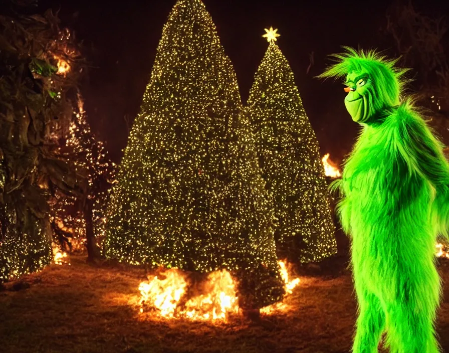 Image similar to the grinch smiling while looking at a 100 ft Christmas tree burning