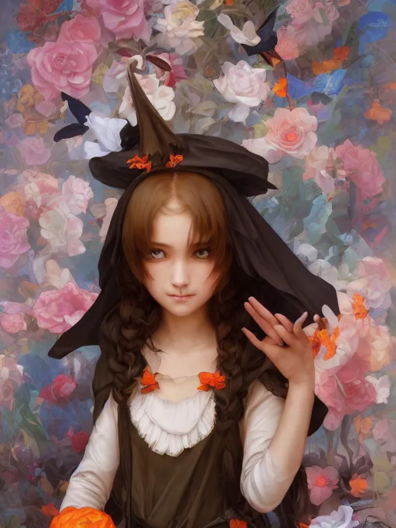 Image similar to Full shot of a cute mischievous young witch about to get up to some trouble. Latin American fashion. Floral patterns. Black and Orange palette. Latina girl. brown skin. defined facial features, symmetrical facial features. By Ruan Jia and Artgerm and Range Murata and WLOP and Ross Tran and William-Adolphe Bouguereau. Key Art. Fantasy Illustration. award winning, Artstation, intricate details, realistic, Hyperdetailed, 8k resolution.