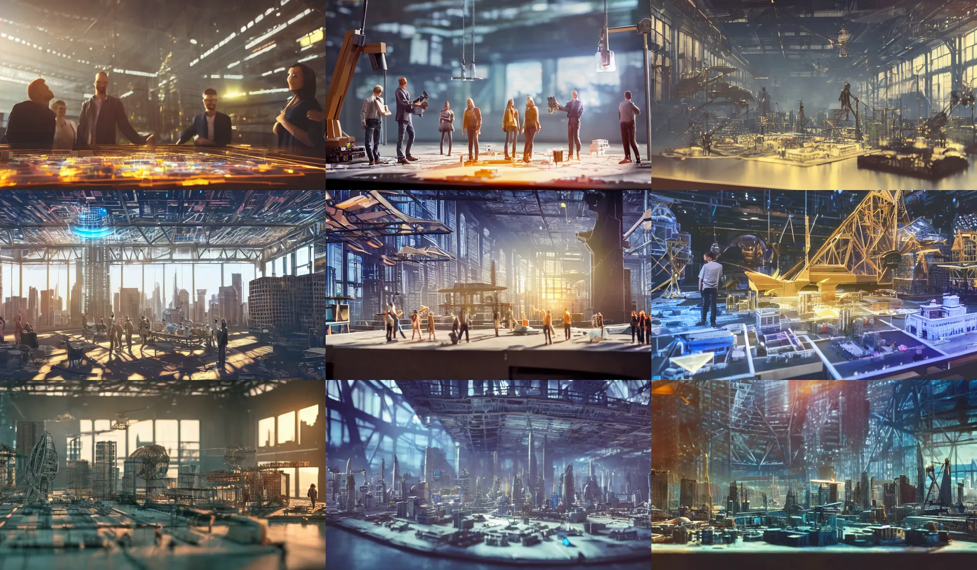 Image similar to group of people in simple warehouse, looking at hologram of futuristic city on a table, cinematic concept art, godrays, golden hour, natural sunlight, 4 k, clear details, tabletop model buildings, center model buildings, hologram center, crane shot, crane shot, crane shot