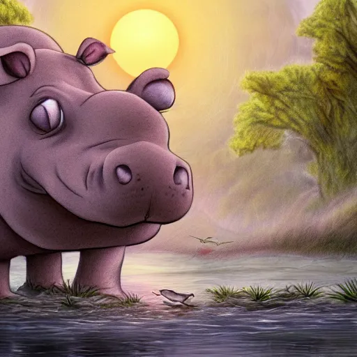 Image similar to very sad hippo waking up in a beautiful river landscape, birds flying, sunrise, drawn by brigette barager, intricate details, beautiful shading, emotional, trending on artstation