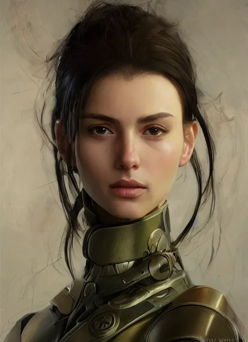 Image similar to a professional painting of a beautiful young female, clothed in military armor, olive skin, long dark hair, beautiful bone structure, symmetrical facial features, intricate, elegant, digital painting, concept art, smooth, sharp focus, illustration, from Metal Gear, by Ruan Jia and Mandy Jurgens and Artgerm and William-Adolphe Bouguerea