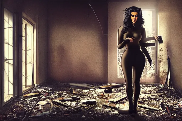 Image similar to photo still of kim kardashian as a cop inside a derelict apartment, glowing walkie talkie, realistic, wide shot, symmetrical, highly detailed, digital photo, instagram, hyper realistic, smooth, sharp focus, illustration, cinematic lighting, art by artgerm and greg rutkowski and alphonse mucha