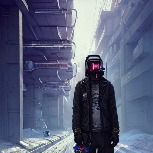 Prompt: A portrait of a cyberpunk thug on the street of Soviet sleeping quarters on the moon, Norilsk, sci-fi, fantasy, intricate, very very beautiful, elegant, highly detailed, digital painting, artstation, concept art, smooth, sharp focus, illustration, art by artgerm and greg rutkowski and alphonse mucha