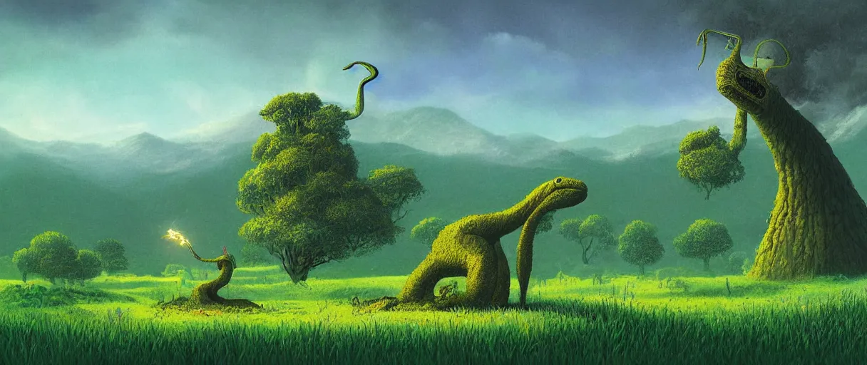 Prompt: a beautiful illustration of trogdor in the countryside by Tim White