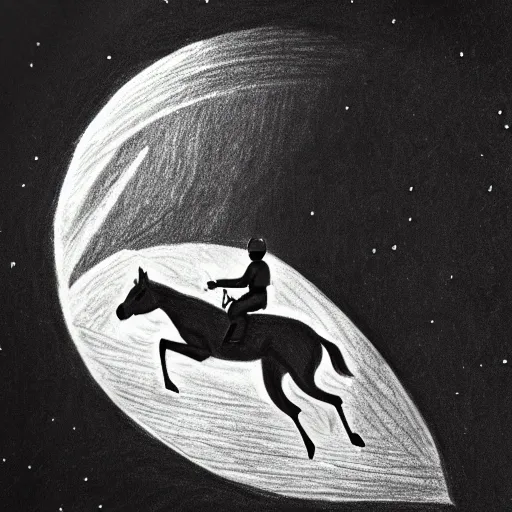 Image similar to Pencil drawing of a spaceman riding a pony at the moon