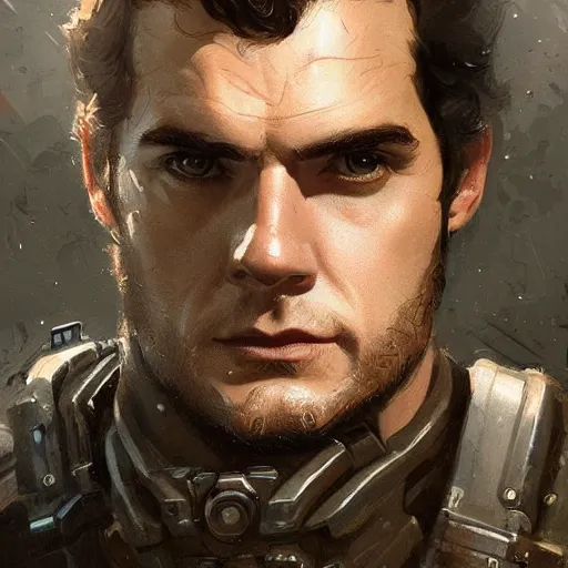 Image similar to portrait of a man by greg rutkowski, he looks like henry cavill, he is wearing a dieselpunk tactical armor gear, highly detailed portrait, digital painting, artstation, concept art, smooth, sharp foccus ilustration, artstation hq