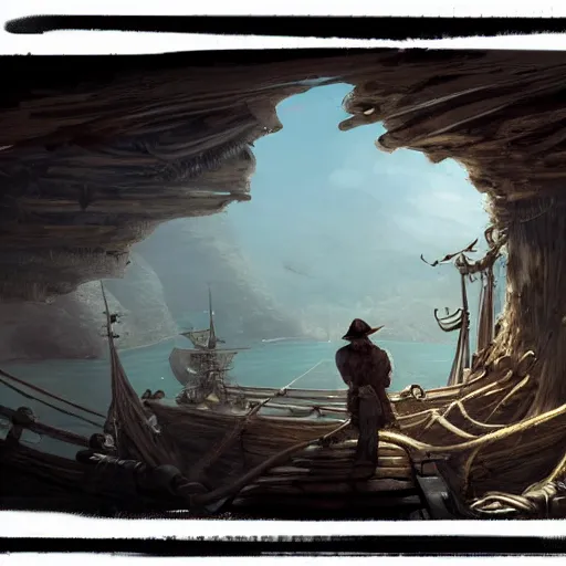 Image similar to pirate in crow's nest looking at horizon, Dynamic lighting, cinematic, establishing shot, extremely high detail, foto realistic, cinematic lighting, pen and ink, intricate line drawings, post processed, concept art, artstation, matte painting, style by Raphael Lacoste, Eddie Mendoza