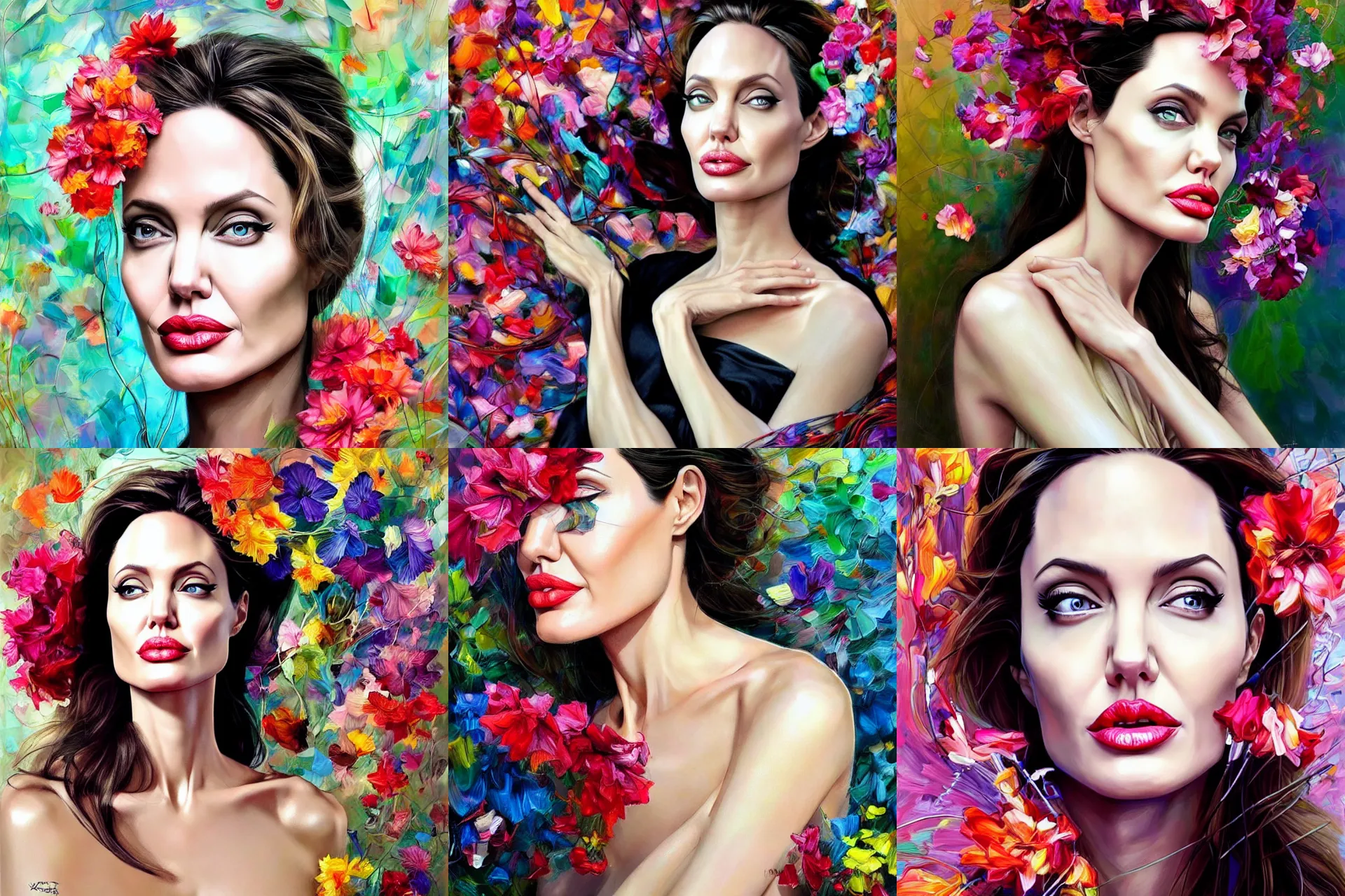 Prompt: angelina jolie, playful, elegant, hat, thin wires, flowers, ( ( ( fractals ) ) ), vibrant, generative art, annie liebovitz, martine johanna, janusz jurek!, michael garmash, artgerm, peter mohrbacher digital painting, extremely detailed, 4 k, intricate, brush strokes