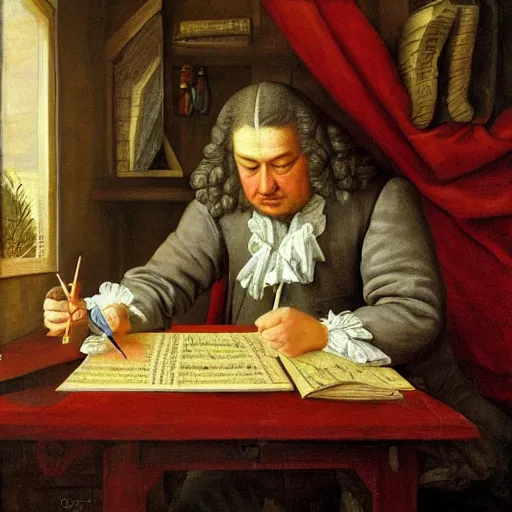 Image similar to highly detailed painting of bach writing a piece of music on a sheet of paper, he is inside of a wooden shack, 4 k resolution, by jaquis luis david, visible paint layers, renaissance.