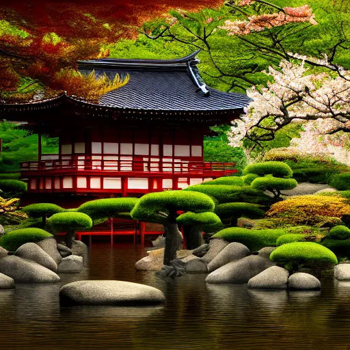 Image similar to landscape japanese house, japanese temple, cherry blossom samurai scene jurgens digital art, golden ratio, art canvas, award winning, masterpiece artstation 8 k 1 5 0 mpx