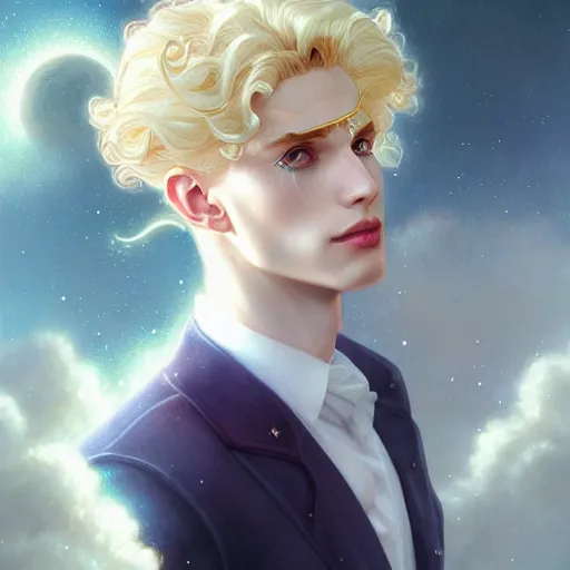 Image similar to Sailor Moon as a male, pale skin curly blond hair, fantasy, intricate, elegant, highly detailed, digital painting, artstation, concept art, matte, sharp focus, illustration, art by Artgerm and Greg Rutkowski and Alphonse Mucha